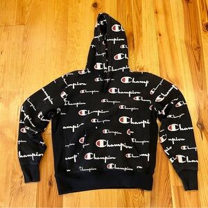 Champion Reverse Weave Sweatshirt Hoodie L Black All Over Logo Streetwear casual